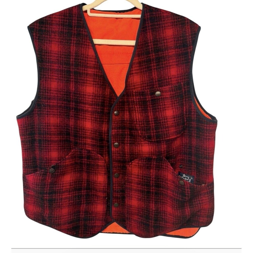 Vtg Woolrich Mens L Reversible 628 Buffalo Plaid Safety Orange Hunting Vest USA
